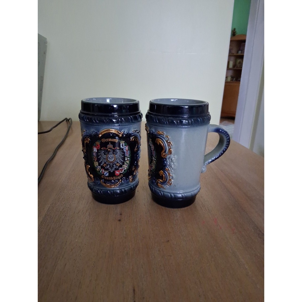 Handarbeit Hand Painted German 2  Mugs Stein Tankard No Lid Mini 5" Tall Germany